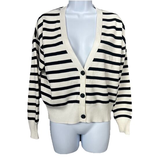 Rachel Rachel Roy Basic Button Cardigan Ivory Black Stripe Women's Med Stylish M - Picture 1 of 14
